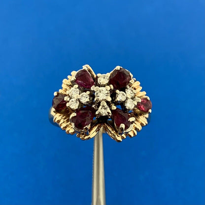 14K Yellow Gold Ruby Diamond Butterfly Cluster Statement Cocktail Ring