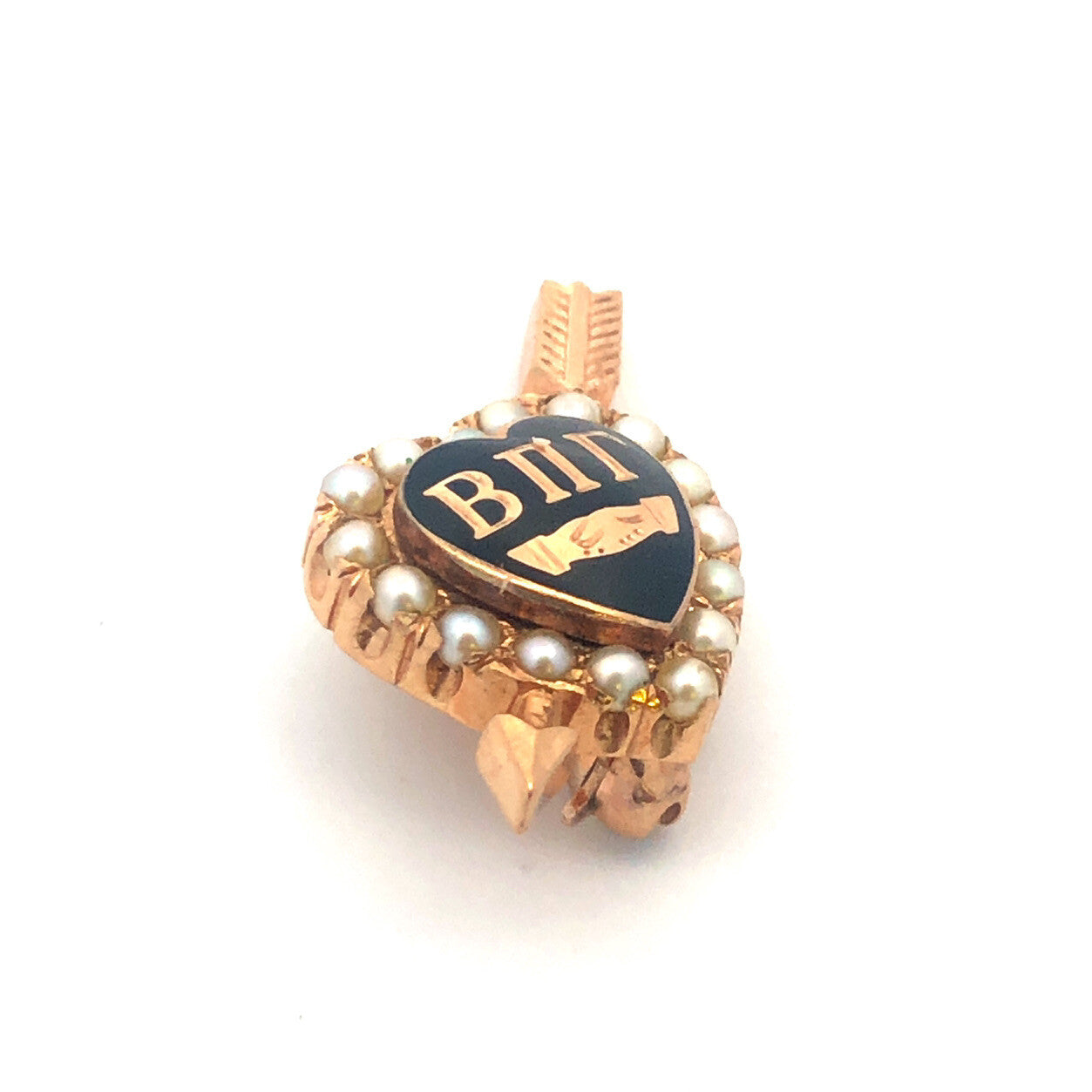 14k Yellow Gold Black Enamel Shell Pearl Beta Pi Gamma Arrow Heart Greek Pin