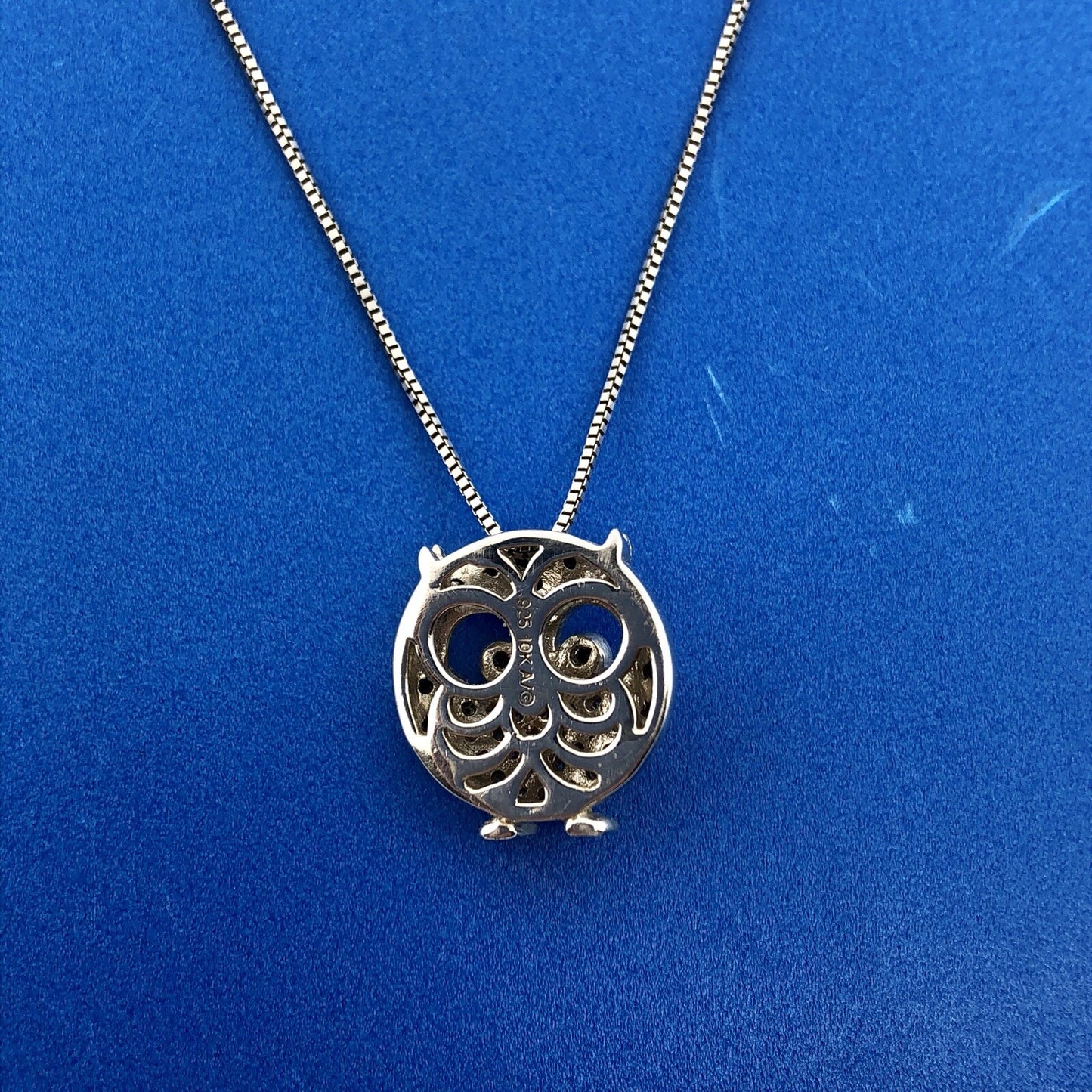 Designer 10K Yellow Gold Sterling Silver Black White Diamond Chubby Owl Necklace