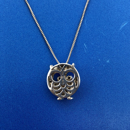 Designer 10K Yellow Gold Sterling Silver Black White Diamond Chubby Owl Necklace