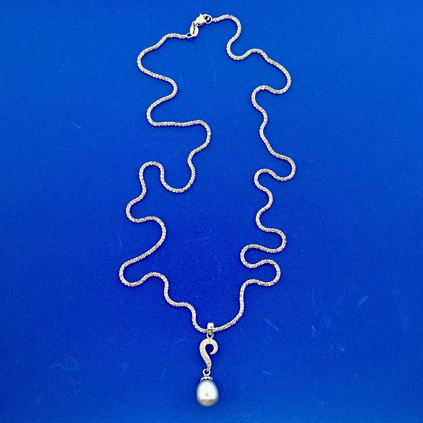 Retro 14K White Gold Gray Pearl Diamond Wedding Anniversary Sweetheart Necklace