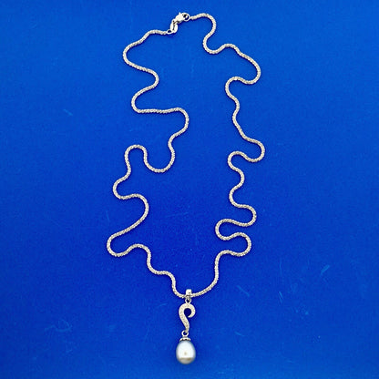 Retro 14K White Gold Gray Pearl Diamond Wedding Anniversary Sweetheart Necklace