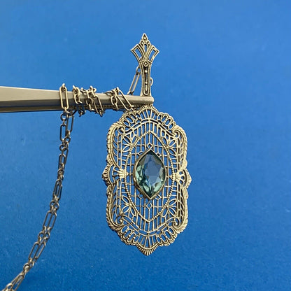 Art Deco 10K 14K White Gold Marquise Art Glass Open Filigree Statement Necklace