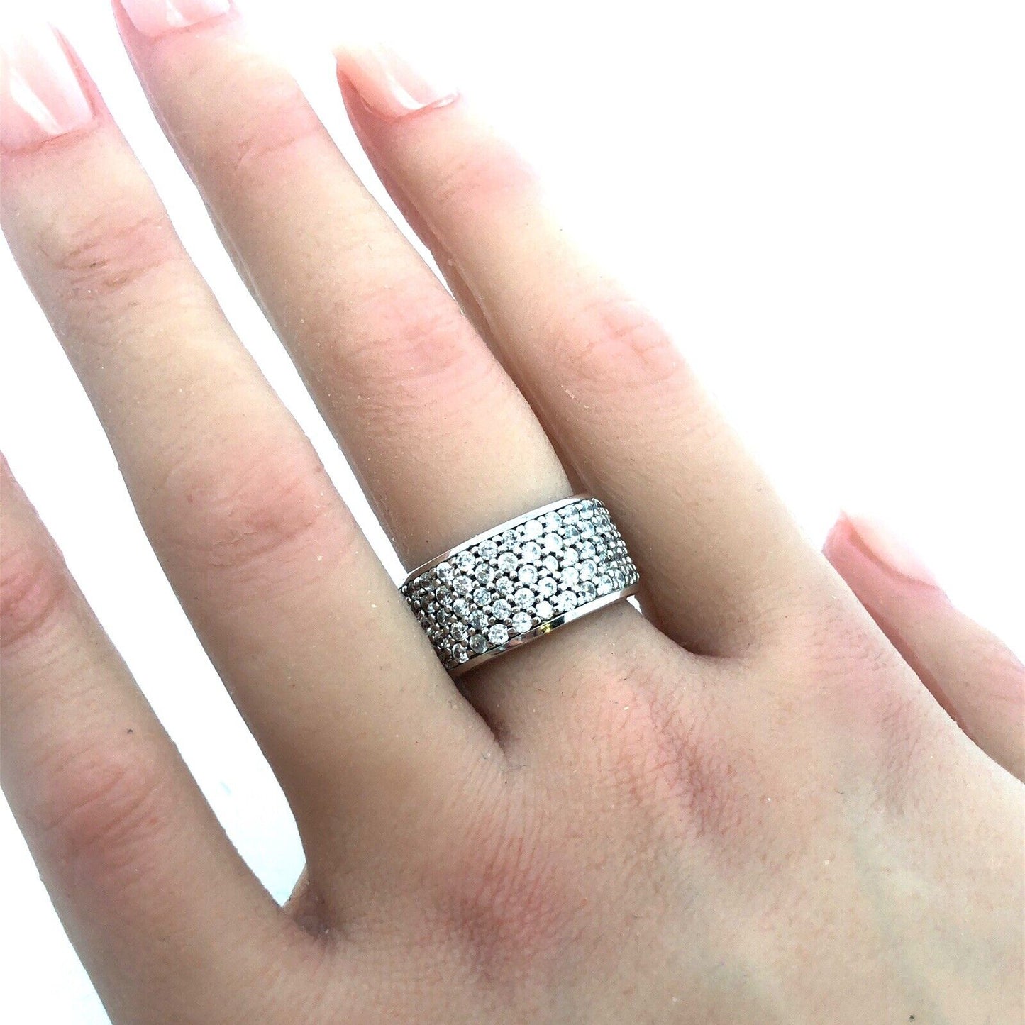 Designer ATI 925 Sterling Silver Round Cubic Zirconia CZ Pave Wide Band Ring