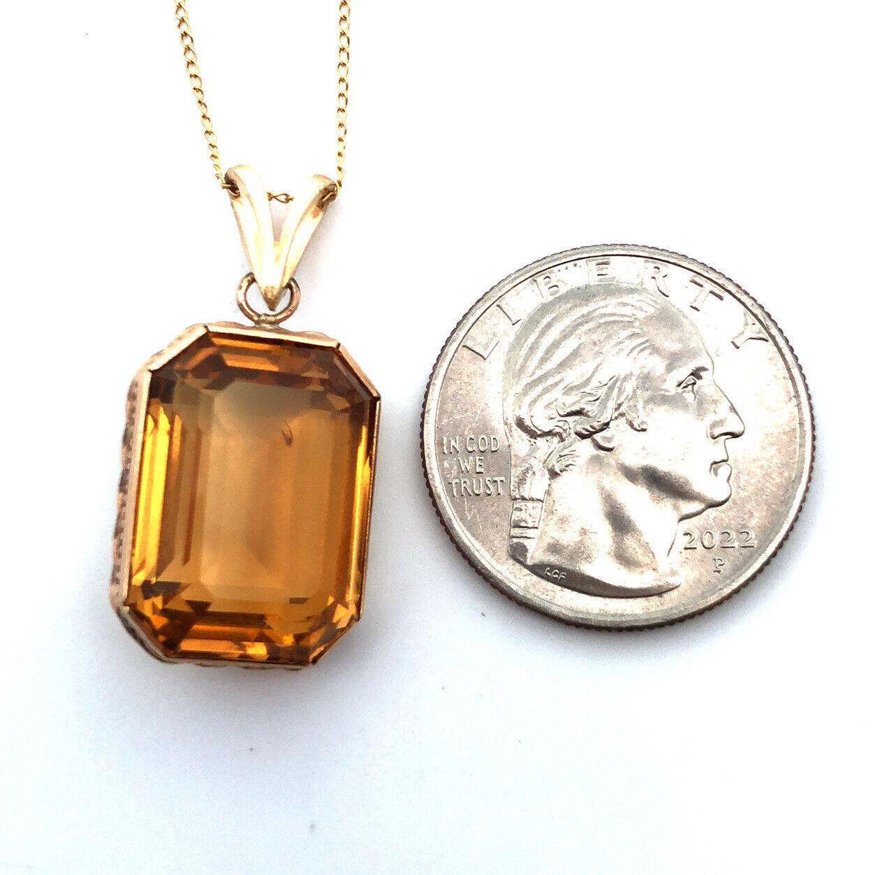 Designer 14K Yellow Gold Emerald Cut Citrine Statement Pendant Chain Necklace