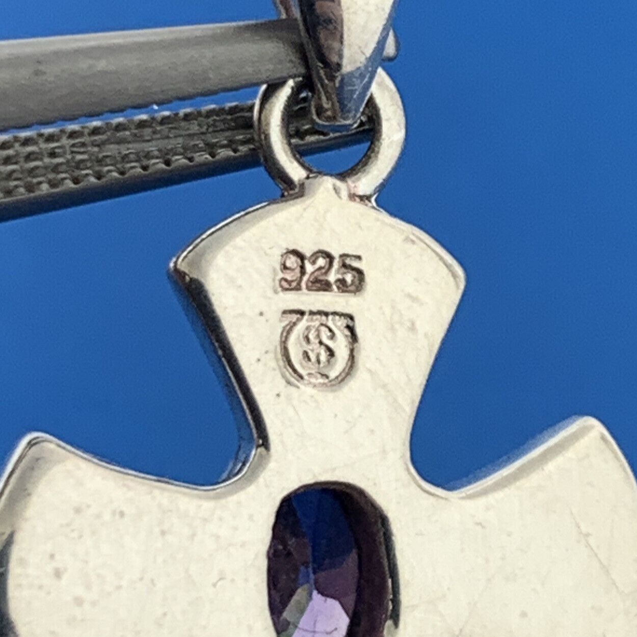 Designer 925 Sterling Silver Oval Amethyst Opal Inlay Modernist Cross Pendant