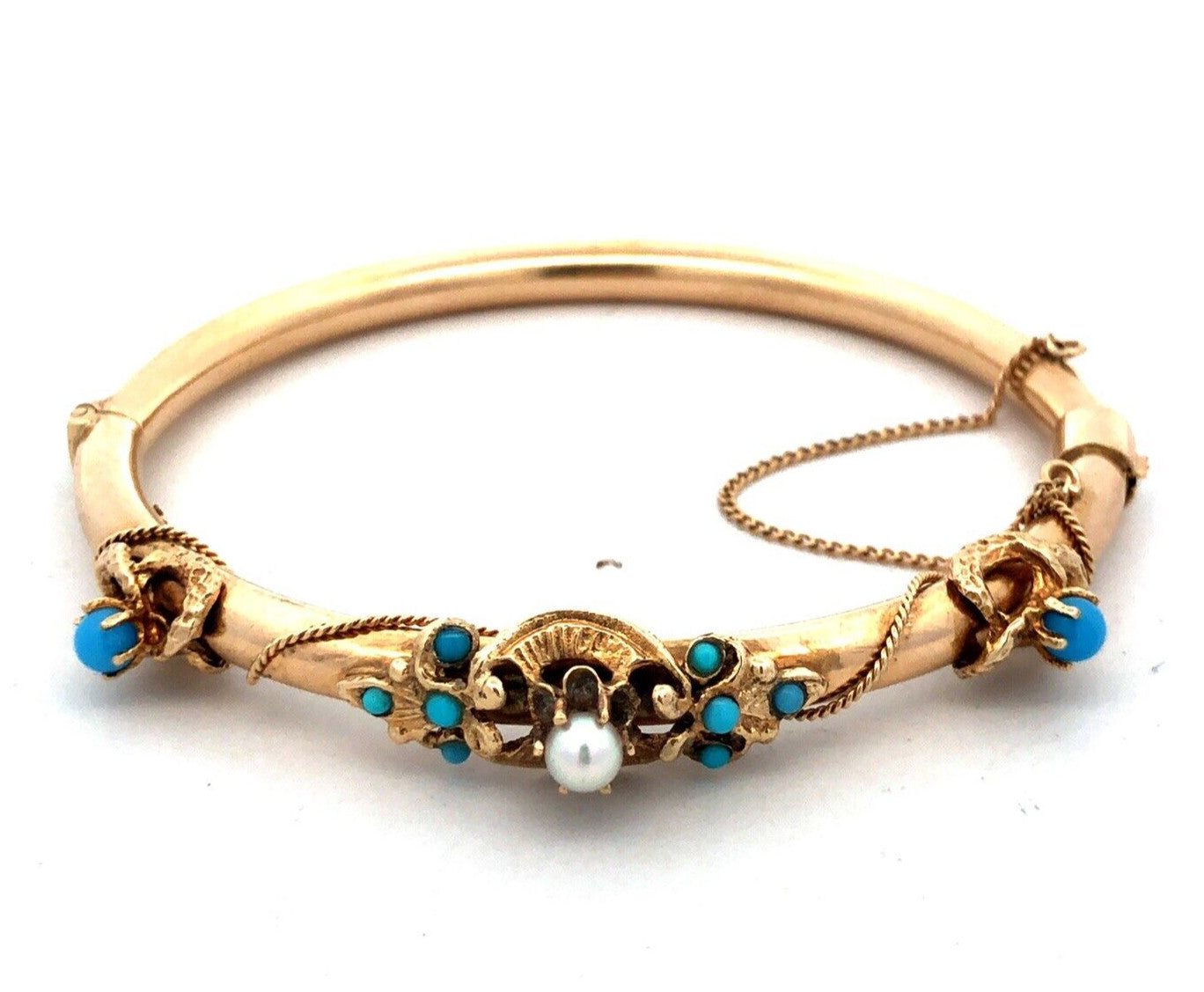 Estate 14K Yellow Gold Round Turquoise Pearl Art Deco Hinged Bangle Bracelet