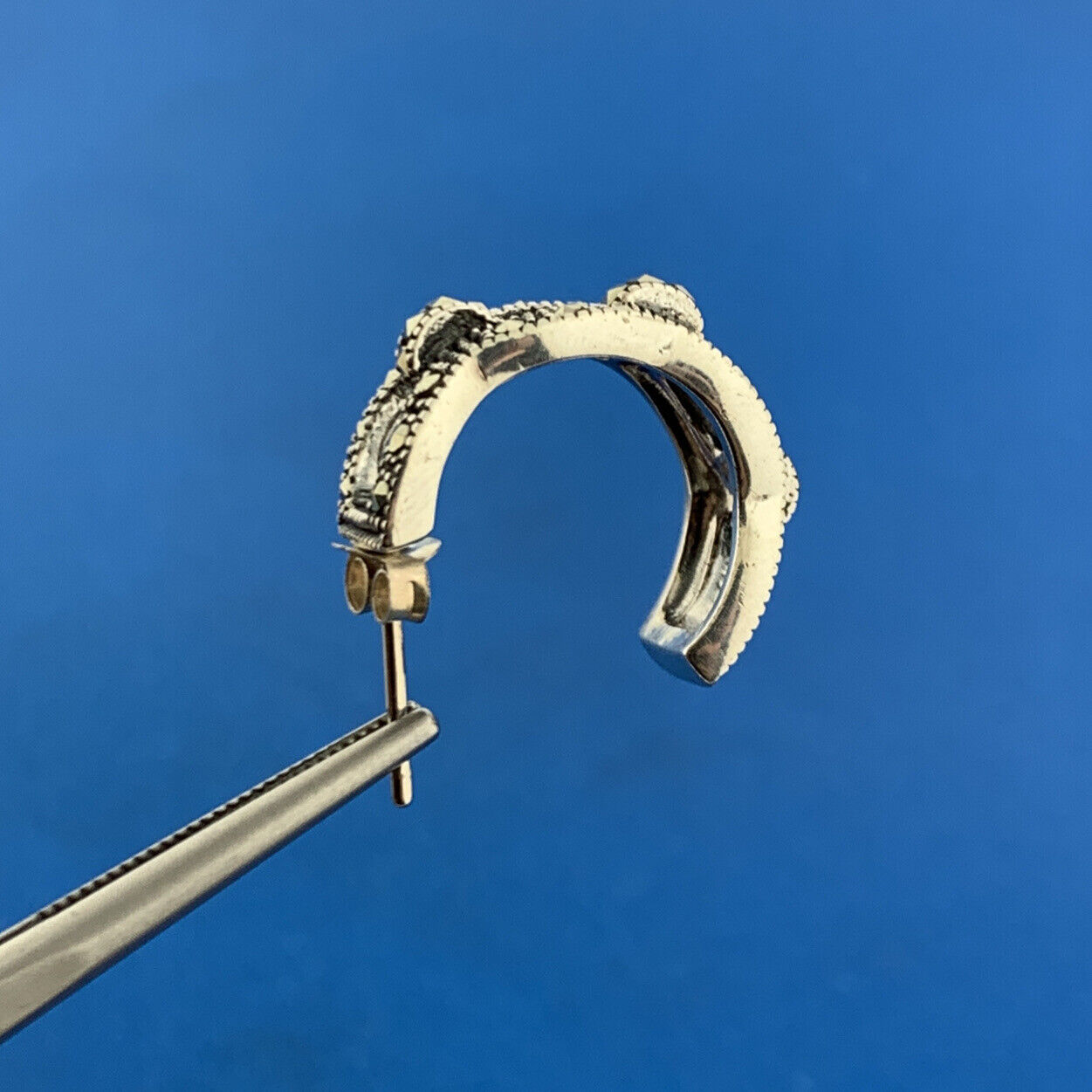 Designer Sterling Silver 925 Marcasite Open Friction Back Hoop Stud Earrings