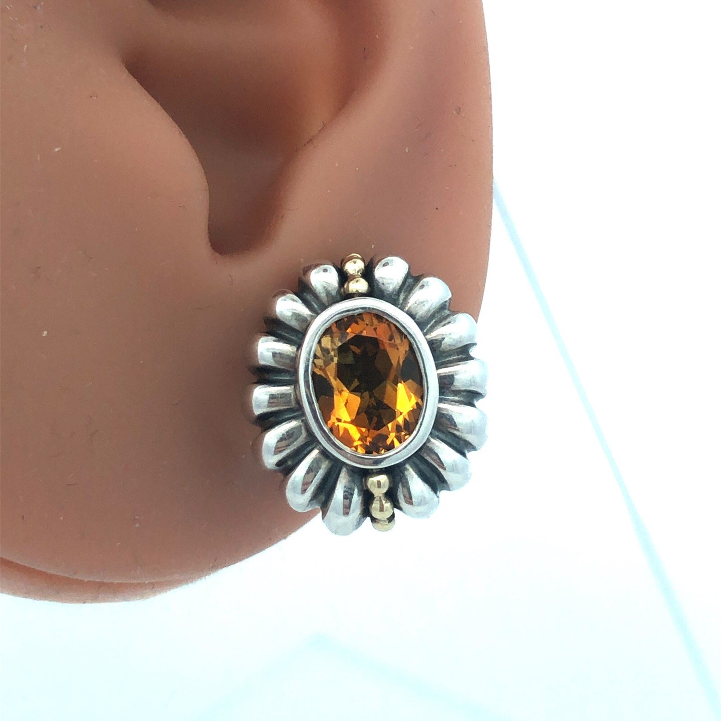 Lagos Caviar 925 Sterling Silver 18K Yellow Gold Cognac Cushion Citrine Earrings