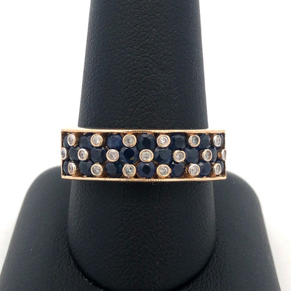 14K Yellow Gold Designer TJC Blue Sapphire Diamond Accent Anniversary Band Ring