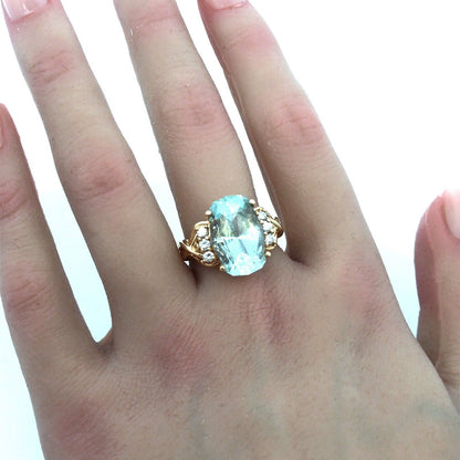 Designer 14K Yellow Gold Blue Topaz Diamond Statement Cocktail Ring Size 8.25
