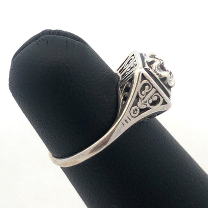 Art Deco 925 Sterling Silver Round Garnet Square Scroll Detail Ring