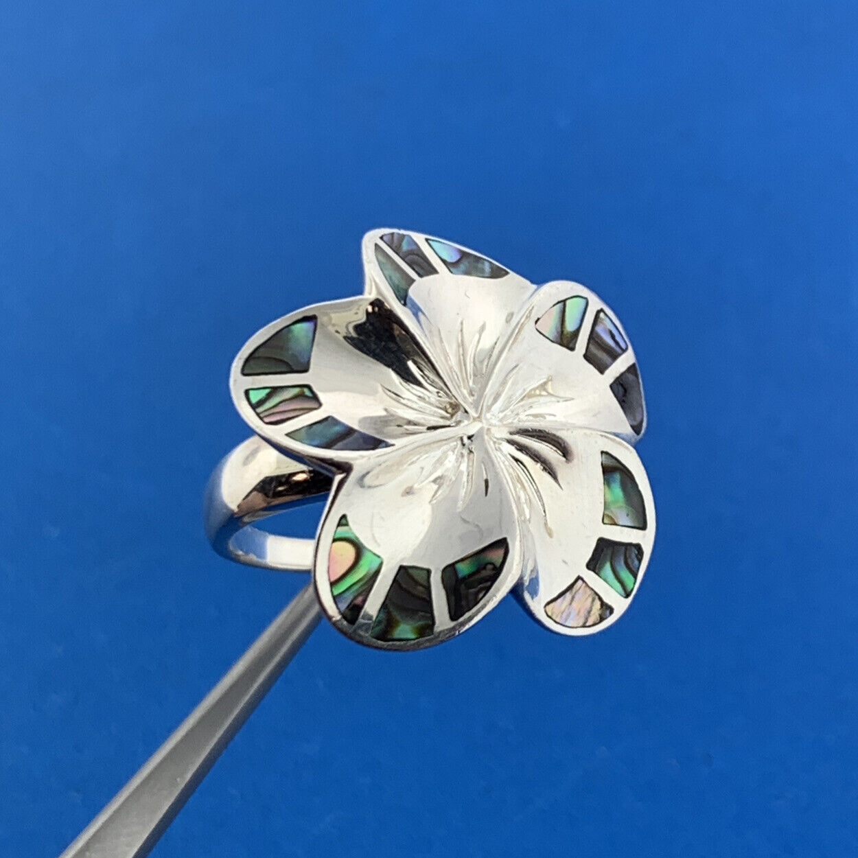 Designer 925 Sterling Silver Abalone Inlay Modernist Flower Statement Ring