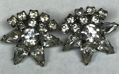 Vintage Art Deco Crystal Rhinestone Flower Cluster Bridal Cocktail Clip Earrings