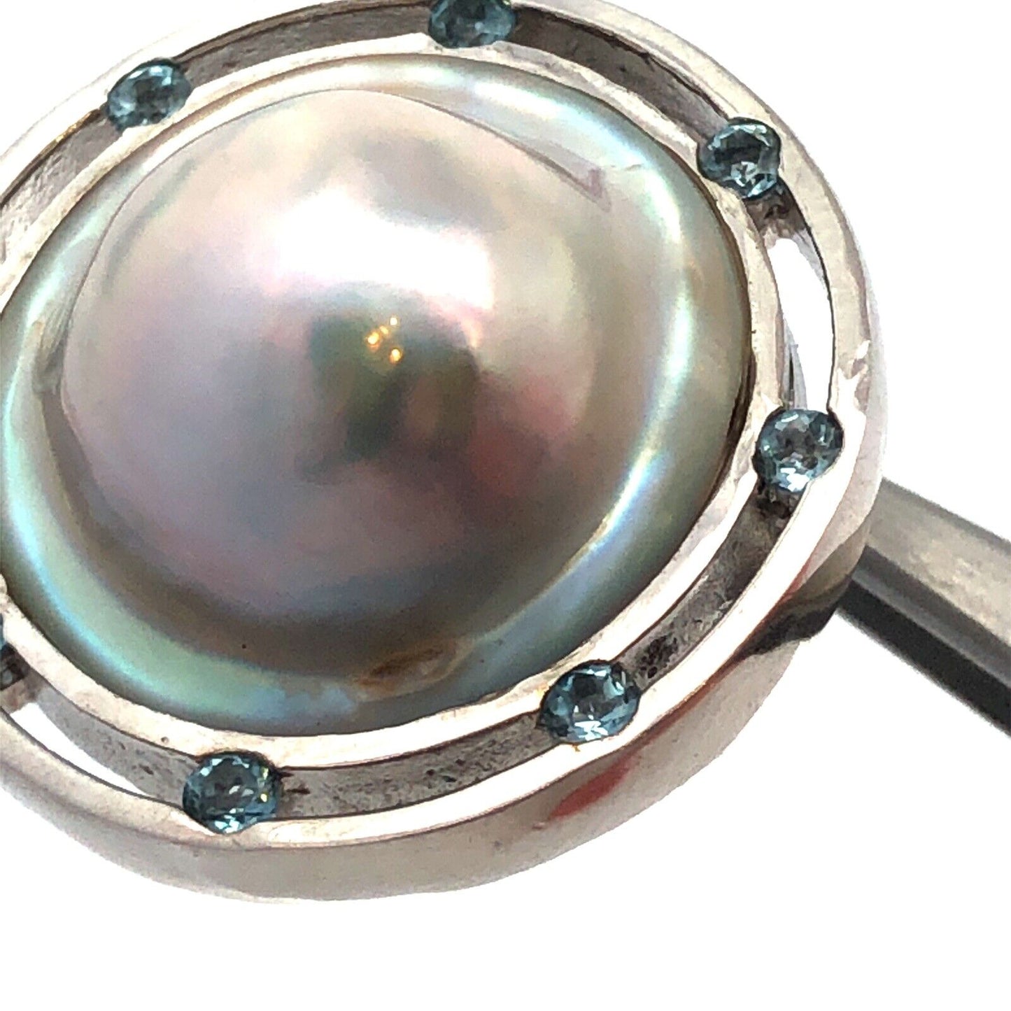 Designer 925 Sterling Silver Mabe Pearl Round Blue Topaz Statement Pendant