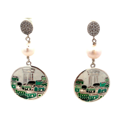 Vintage Casa De Oro 925 Sterling Silver Pearl Enamel Round City Dangle Earrings