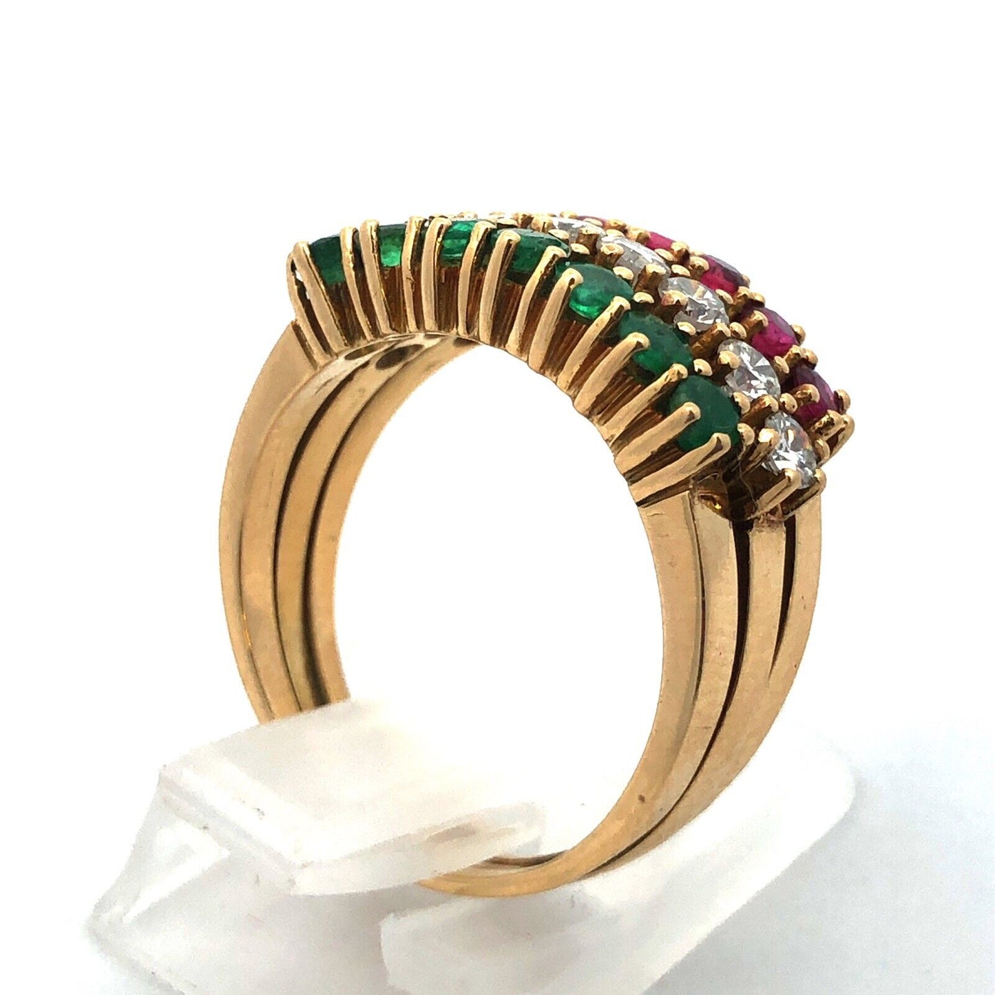 18K Yellow Gold Ruby Emerald Diamond Three Band Anniversary Cocktail Ring