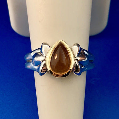 Designer Signed 925 Sterling Silver 18K Yellow Gold Citrine Pear Cabochon Ring