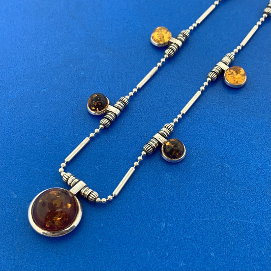 925 Sterling Silver Amber Cabochon Station Necklace