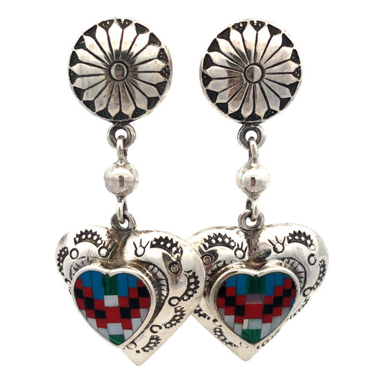 Native American Concho 925 Sterling Silver Multi Gemstone Heart Dangle Earrings
