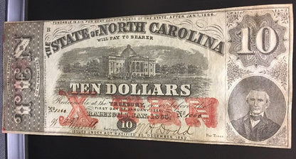 1863 $10 The State of North Carolina Note Civil War Era Possible Inking Error AU