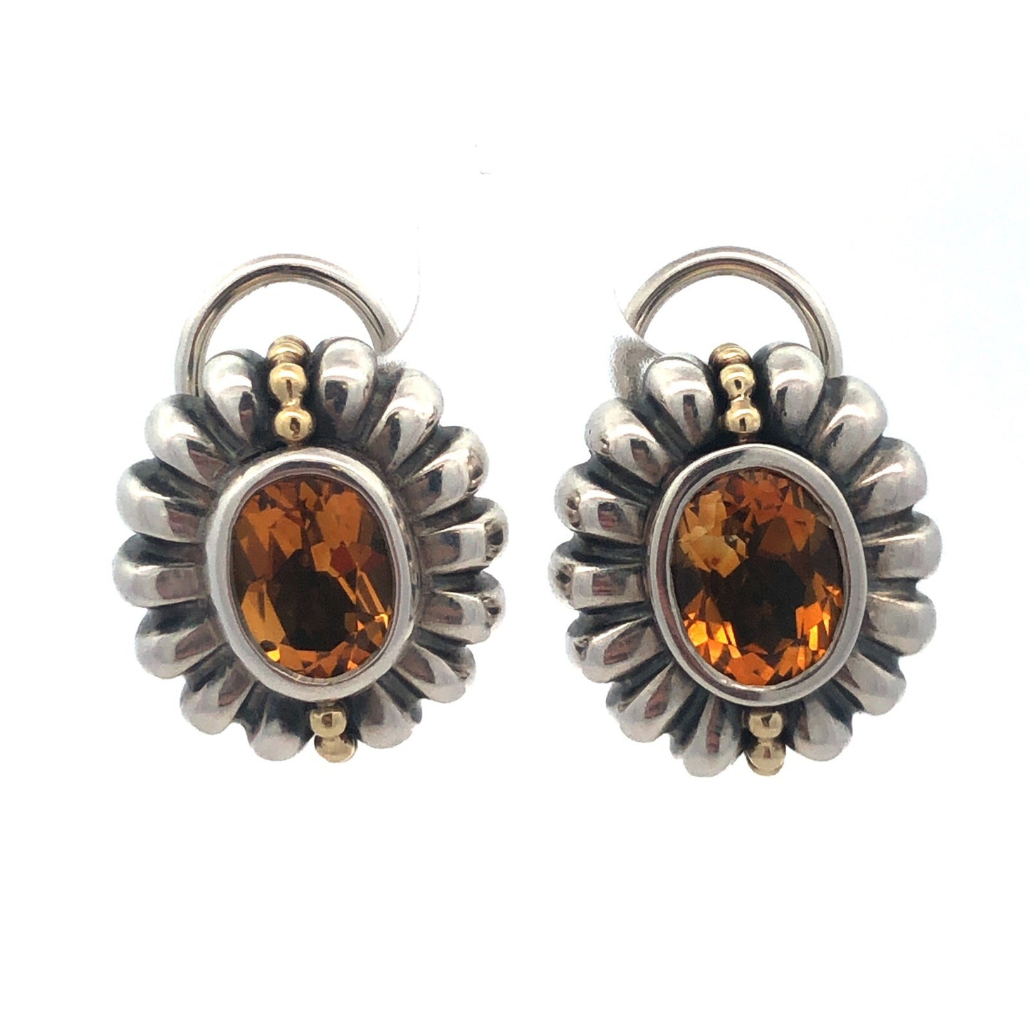 Lagos Caviar 925 Sterling Silver 18K Yellow Gold Cognac Cushion Citrine Earrings
