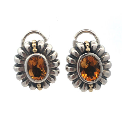 Lagos Caviar 925 Sterling Silver 18K Yellow Gold Cognac Cushion Citrine Earrings