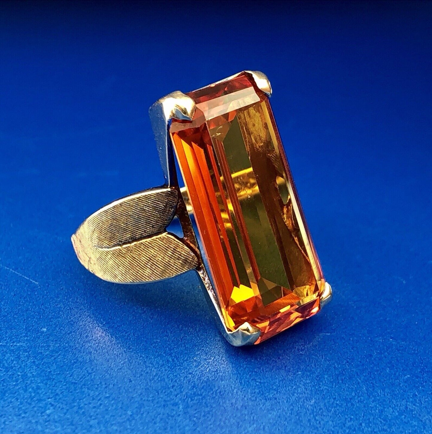 Art Deco Esemco 10K Yellow Gold Orange Sapphire Statement Cocktail Ring