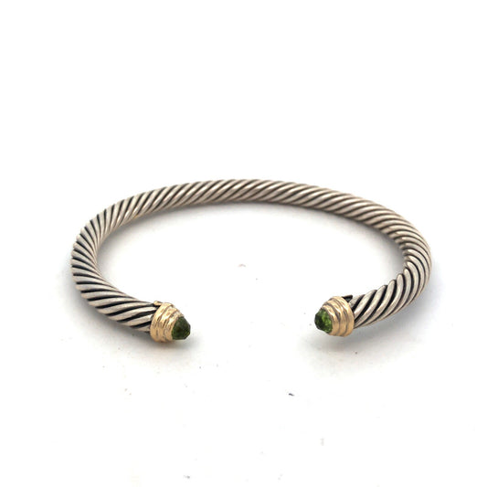 David Yurman Sterling Silver 14K Gold Peridot 5mm Classic Cable Cuff Bracelet