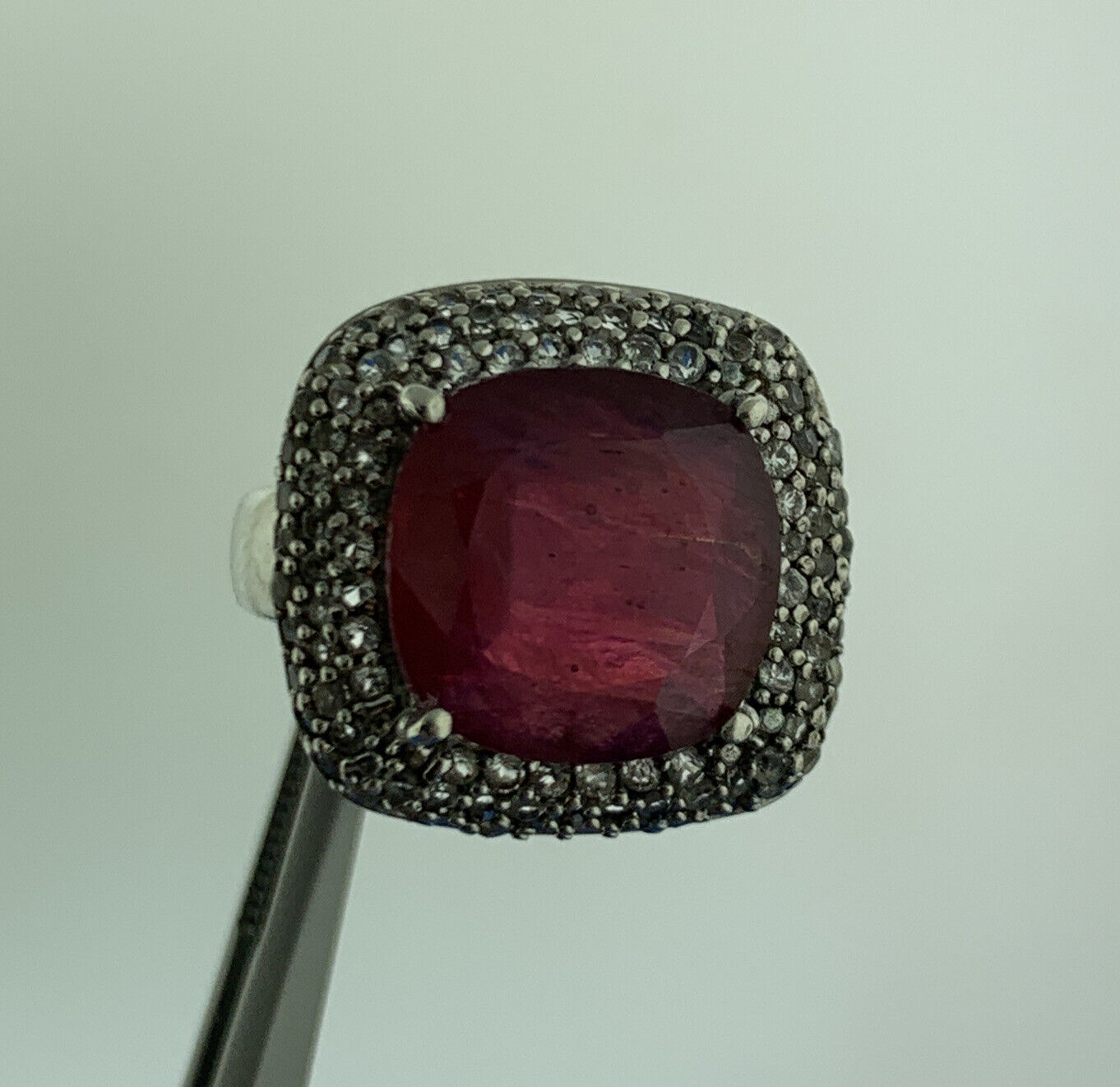 Vintage 925 Sterling Silver Ruby Solitaire Diamond Accented Cocktail Ring
