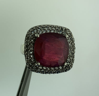 Vintage 925 Sterling Silver Ruby Solitaire Diamond Accented Cocktail Ring