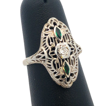 Designer Art Deco 14K White Gold Diamond Emerald Accent Filigree Cocktail Ring