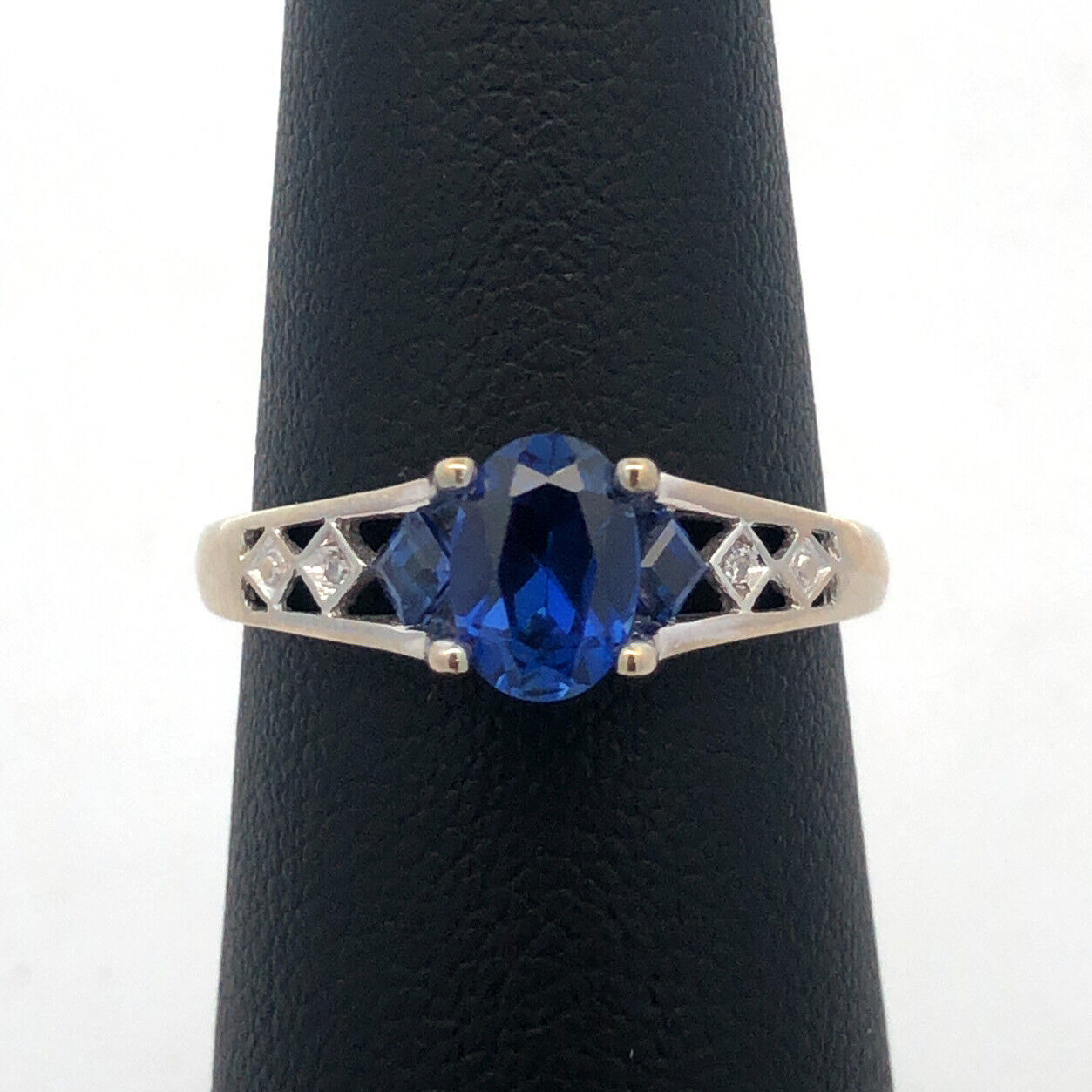 Designer 10K White Gold Oval Blue Sapphire Round Diamond Accented Ring