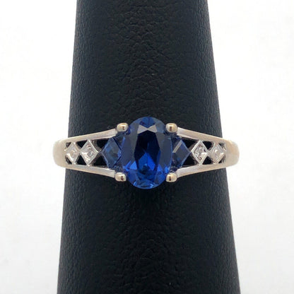 Designer 10K White Gold Oval Blue Sapphire Round Diamond Accented Ring