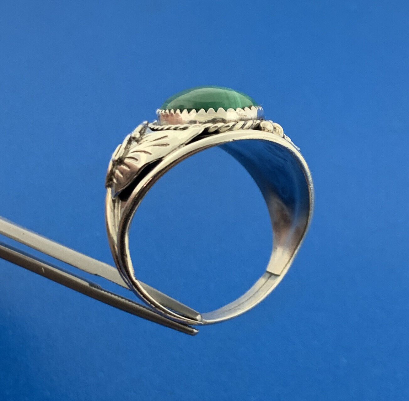 Navajo Lorraine Spencer 925 Sterling Silver Malachite Unisex Squash Blossom Ring