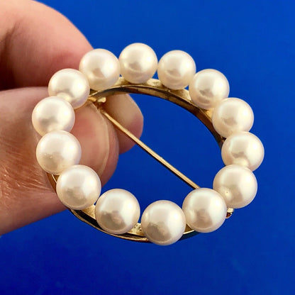 Vintage 14K Yellow Gold 6 MM Pearl Wreath Pin Brooch Pendant