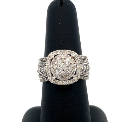 Designer IKS 10K White Gold Round Diamond Cluster Halo Statement Engagement Ring