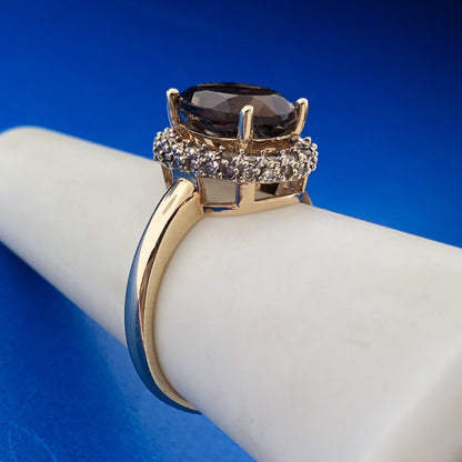 Retro Designer 14K Yellow Gold Oval Smoky Quartz Diamond Halo Cocktail Ring