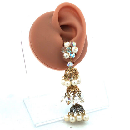 Vintage Gold Tone Faux Pearl Crystal Bead Statement Chandelier Clip On Earrings