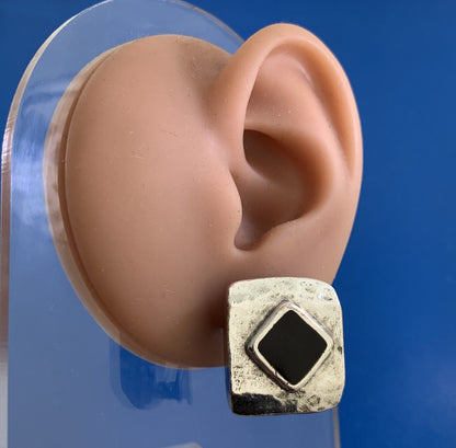 Vintage Hammered 925 Sterling Silver Square Black Onyx Clip On Earrings