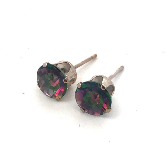 14K White Gold Round Mystic Topaz Solitaire Stud Earrings