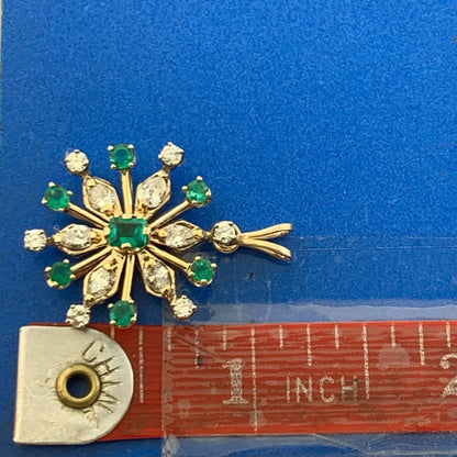 Vintage 14K Yellow Gold Diamond and Emerald Flower Snowflake Statement Pendant