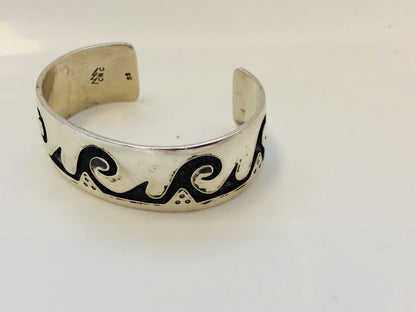 Vintage Native American Sterling Silver Overlay Wave Storyteller Cuff Bracelet