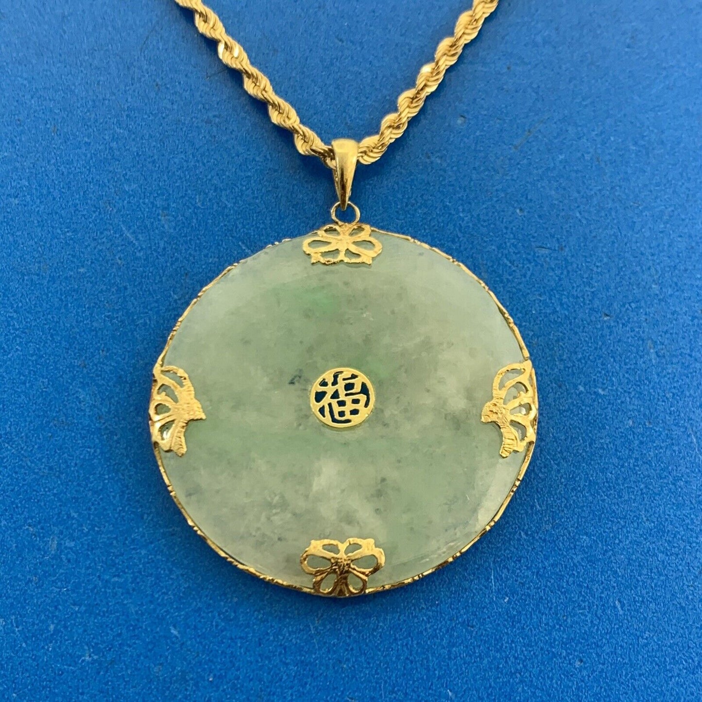 Designer 14K Yellow Gold Jade Good Luck Symbol Statement Pendant Necklace