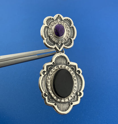 Native American Signed Black Onyx Purple Jasper Double Concho Statement Earrings