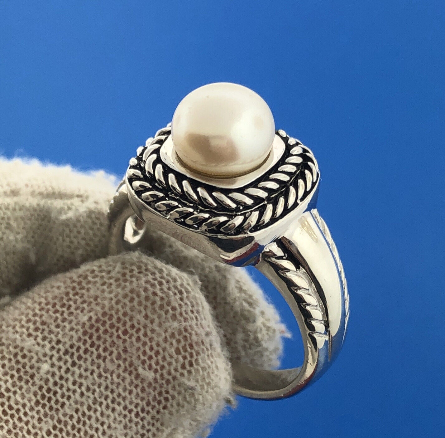Stunning Sterling Silver 925 White Pearl Square Rope Statement Ring Size 11