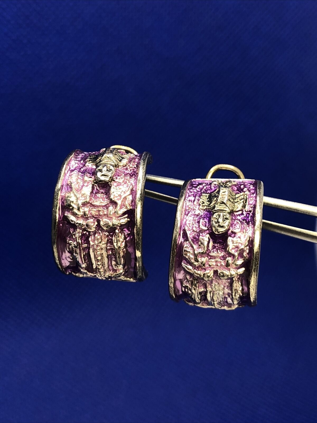 Native Tribal Gods 925 Sterling Silver Purple Enamel Half Hoop Stud Earrings