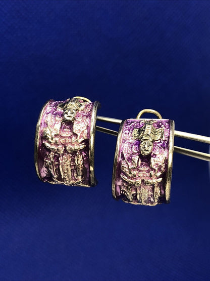 Native Tribal Gods 925 Sterling Silver Purple Enamel Half Hoop Stud Earrings