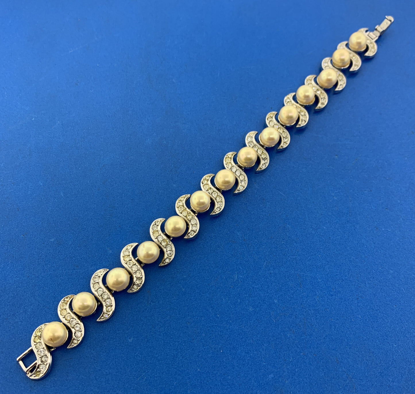 1955 Crown Trifari Silver Tone Faux Pearl & Rhinestone Statement Bracelet