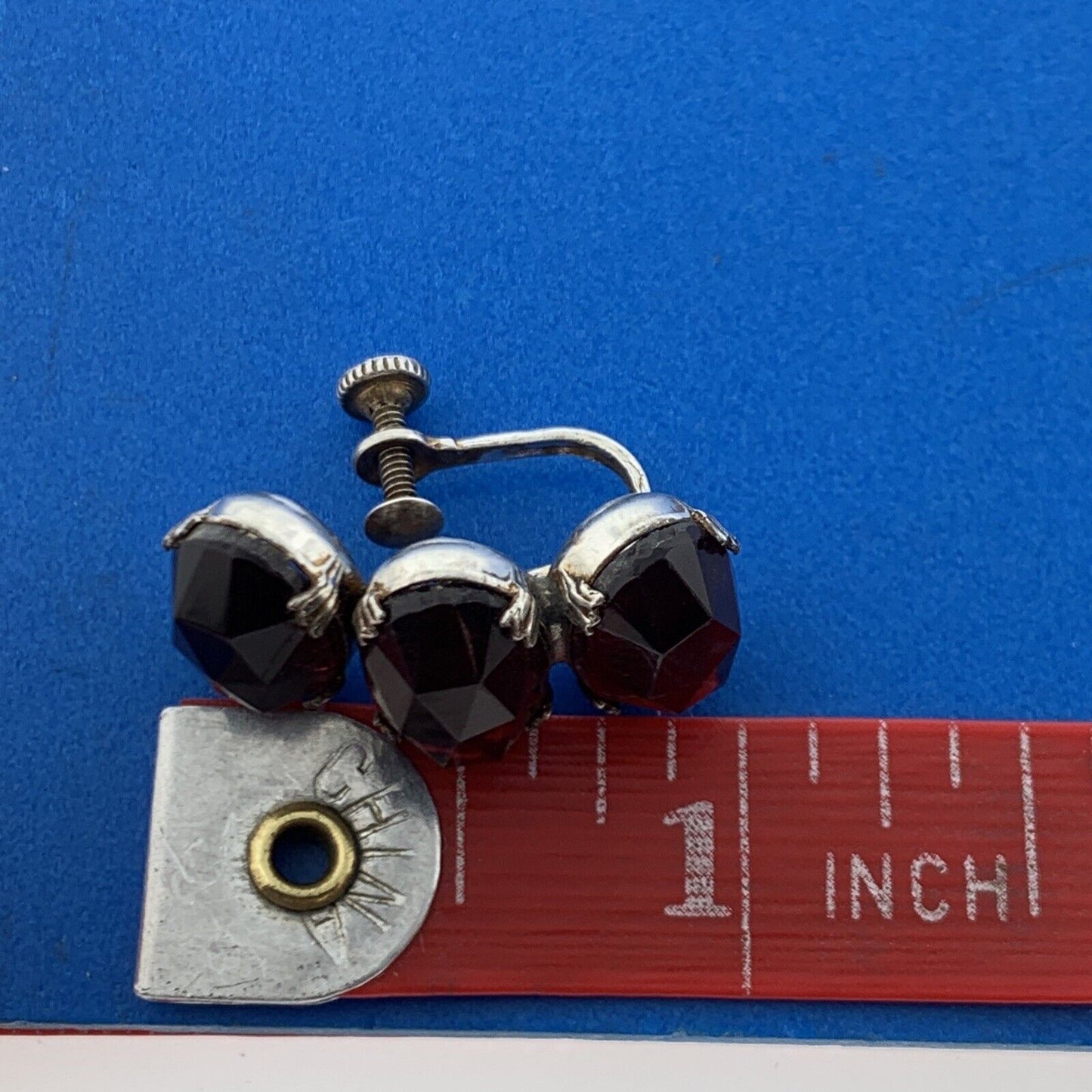 Mid Century 925 Sterling Silver Red Glass Statement Screw Back Stud Earrings